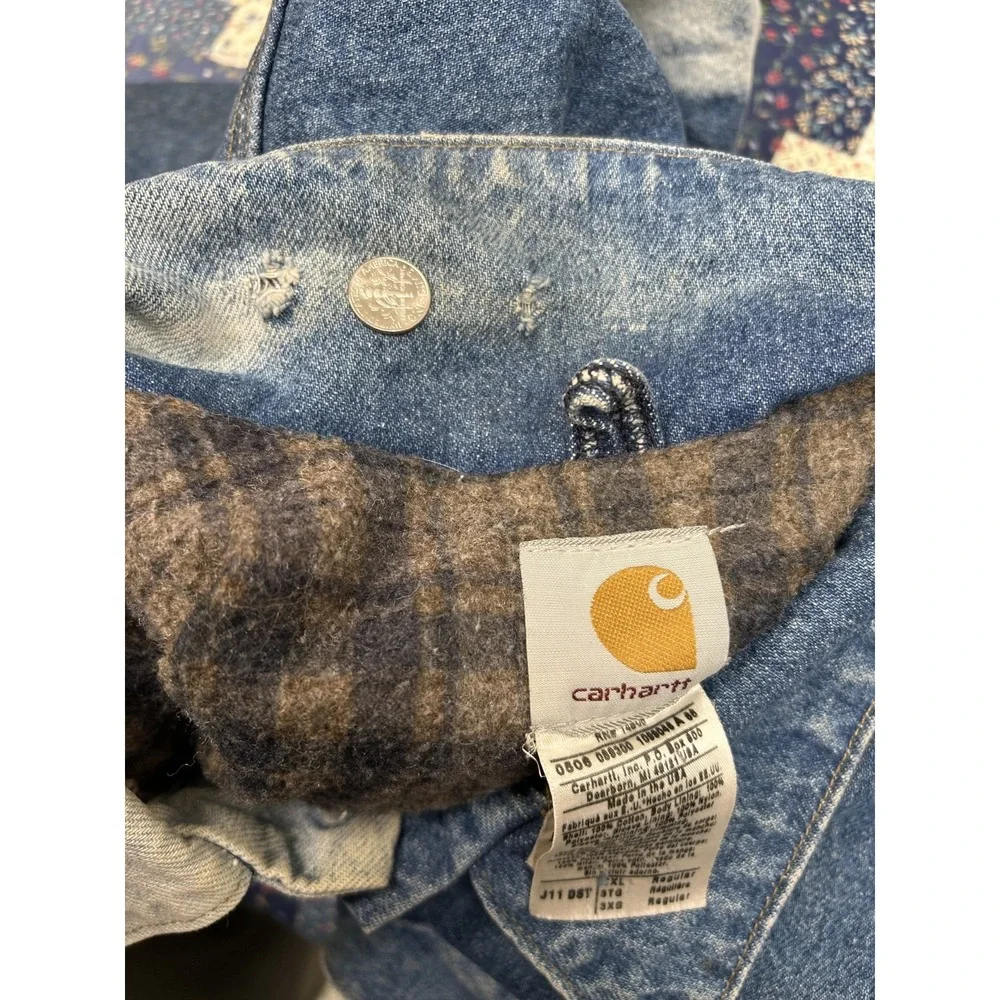 Vintage 90's Carhartt Wool Lined Distressed Denim Jacket‎ Size 3XL